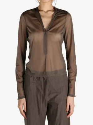 AMOMENTO - Women Sheer Hooded Zip Up Jumper
