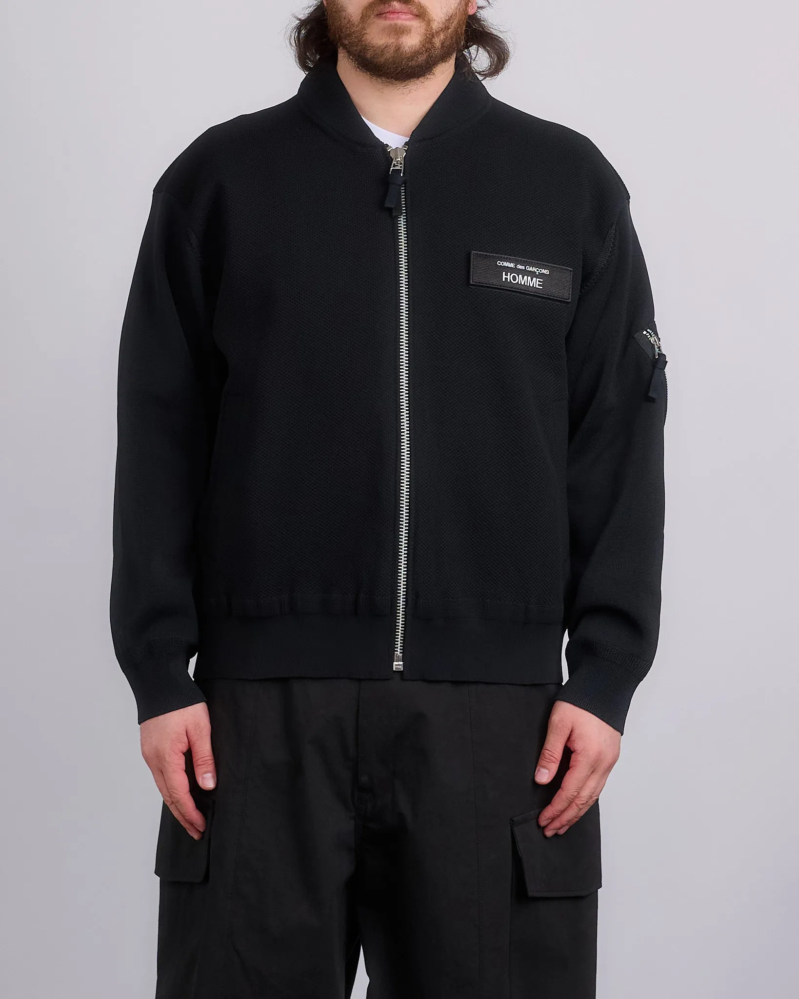COMME des GARONS HOMME Logo Patch Mesh Bomber Jacket Black