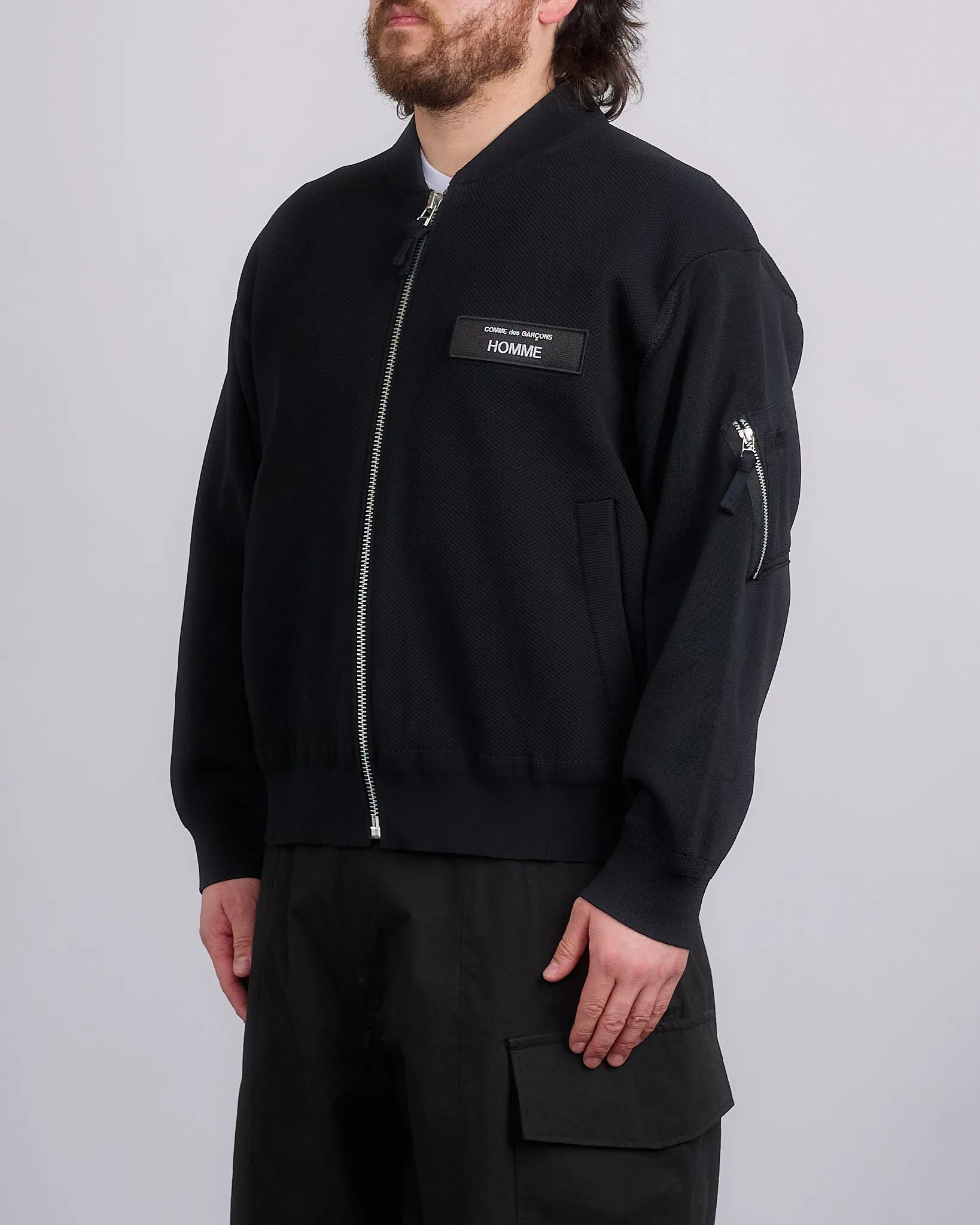 COMME des GARONS HOMME Logo Patch Mesh Bomber Jacket Black