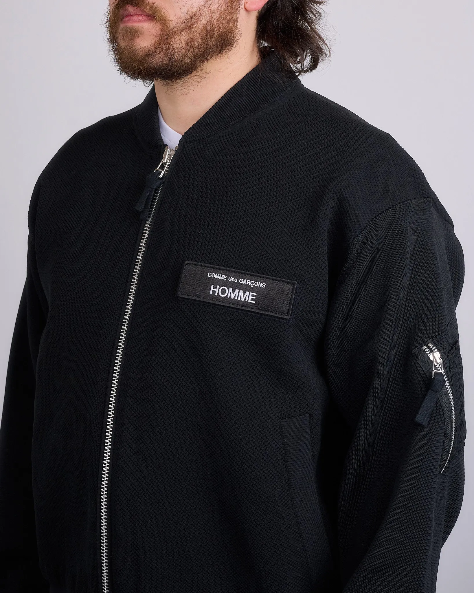 COMME des GARONS HOMME Logo Patch Mesh Bomber Jacket Black