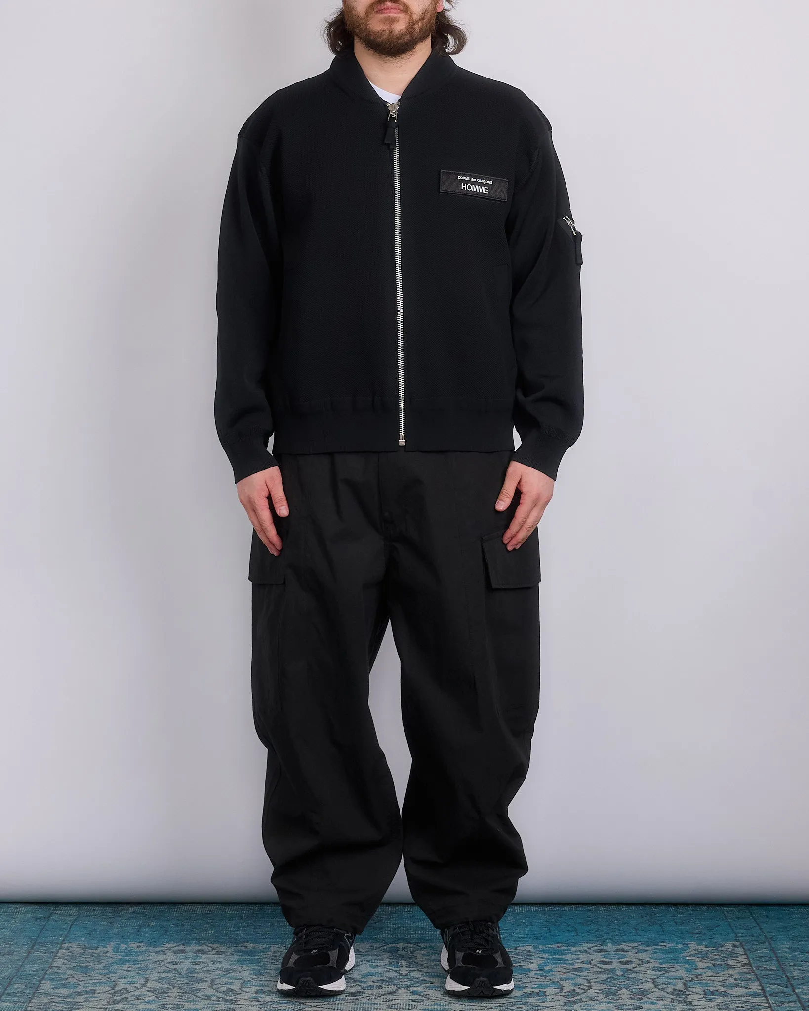 COMME des GARONS HOMME Logo Patch Mesh Bomber Jacket Black