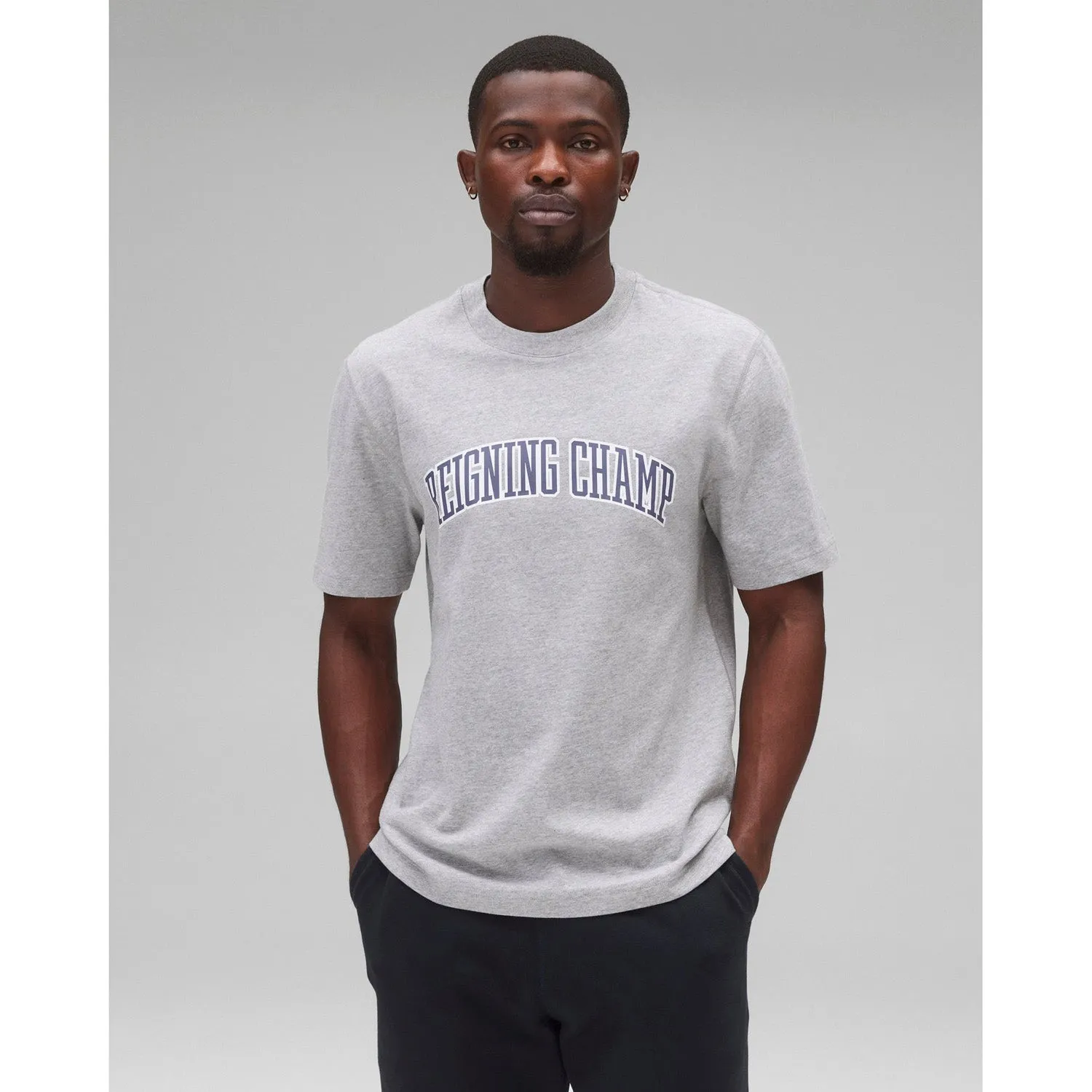 Reigning Champ Men Knit Midweight Jersey Collegiate T-Shirt Heather Grey Navy RC-1548-HGN